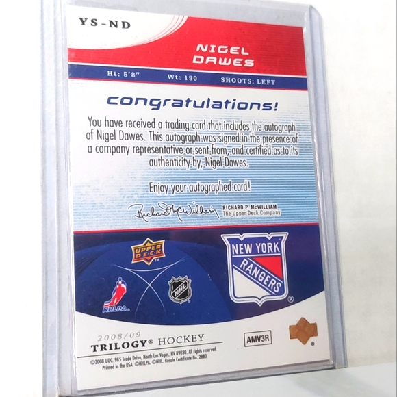 Nigel Dawes Young Star Scripts Trilo3y Hockey Card New York Rangers 2008/09 - Picture 2 of 2